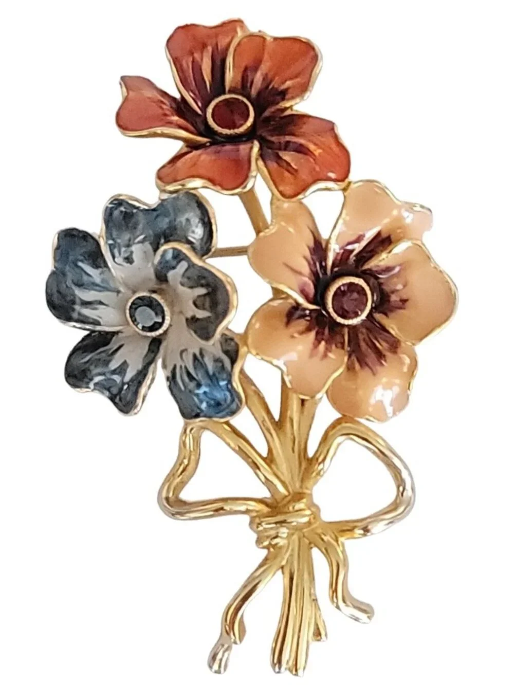 Joan Rivers Orange Red, Blue Enamel Rhinestone Flower Bunch Brooch, Signed K72